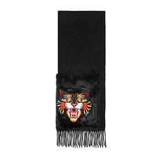 GUCCI 古驰 女士黑色愤怒的猫图案装饰丝绸围巾貂皮口袋 477434-3G172-1000
