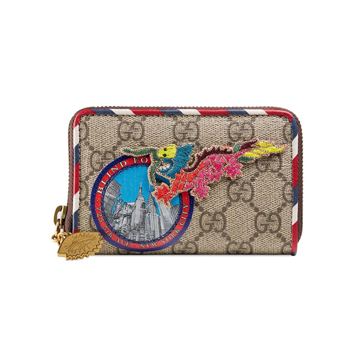 gucci 古驰 courrier系列男士经典米色双g印花龙图案刺绣横款钱包