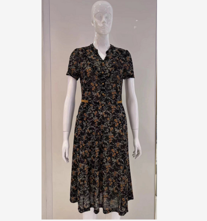 妞娜公主v领印花连衣裙