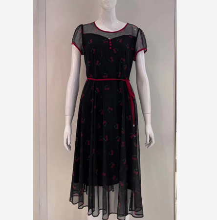 妞娜公主网纱圆领印花连衣裙