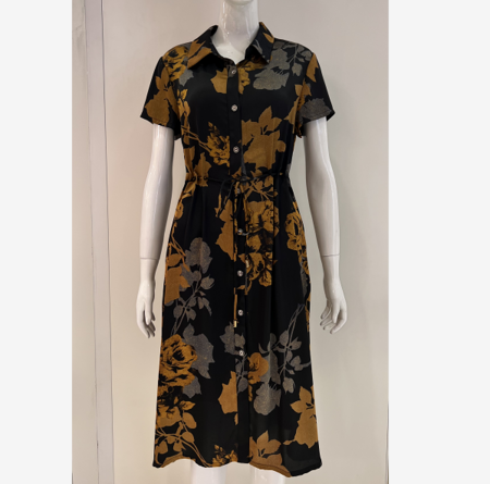 妞娜公主黄玫瑰印花连衣裙