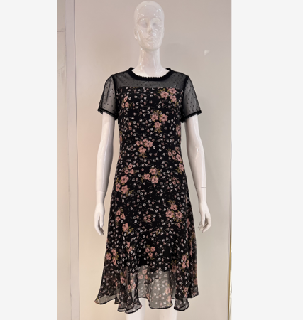 妞娜公主蕾丝圆领印花连衣裙